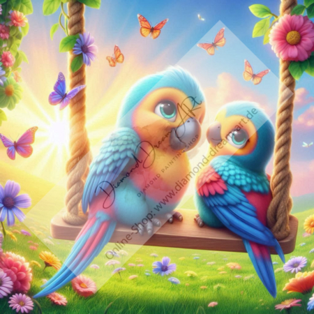 Diamond Painting Bild „cute parrots on the swing“